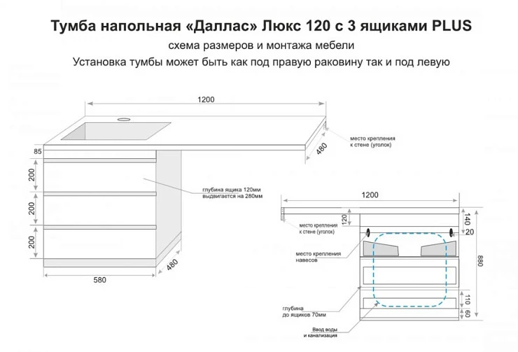 Тумба с раковиной Style Line Даллас 120 напольная, левая, белый глянец