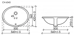 Раковина овальная встраиваемая под столешницу Element 560*420*195мм, , с крепежом и шаблоном для у