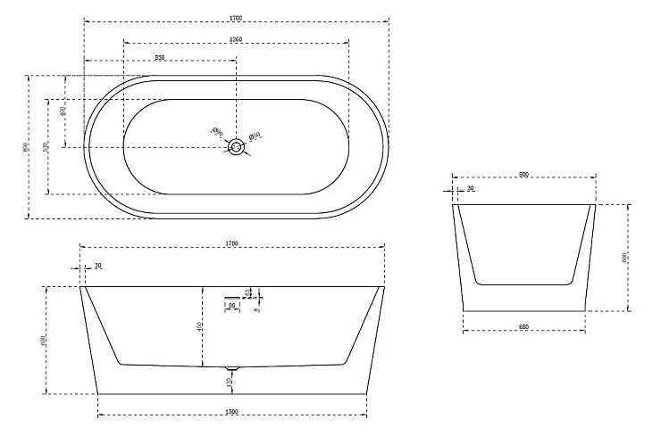 Акриловая ванна ABBER 170x80 AB9209 белая глянцевая