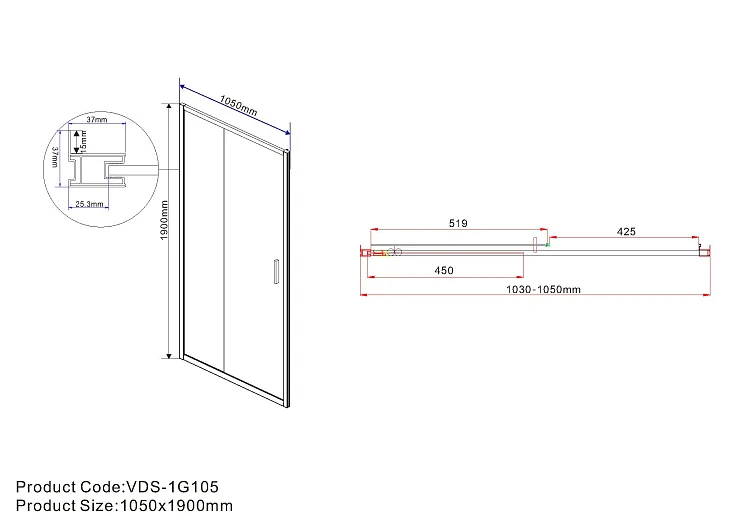 Душевая дверь в нишу Vincea Garda 105см VDS-1G105CL профиль хром, стекло прозрачное