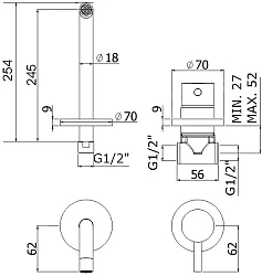 Смеситель встраиваемый для раковины Paffoni Light LIG007NO70 с внутренней частью, черный матовый