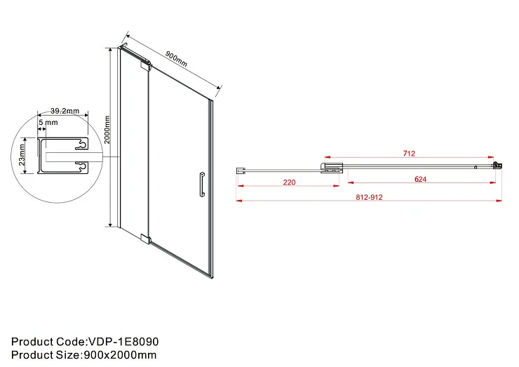 Душевая дверь в нишу Vincea Extra 80-90см VDP-1E8090CL стекло прозрачное, профиль хром