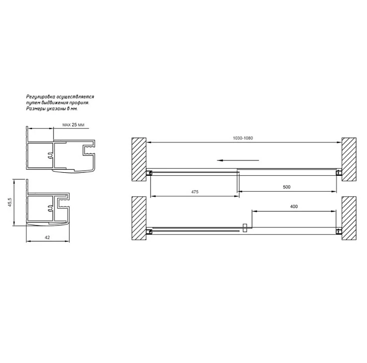 Душевая дверь в нишу Vegas Glass 105см ZP NOVO 105 02М 10 профиль черный матовый, стекло сатин