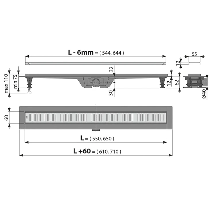 Душевой лоток AlcaPlast APZ10-Simple 550M с решеткой и опорами, хром