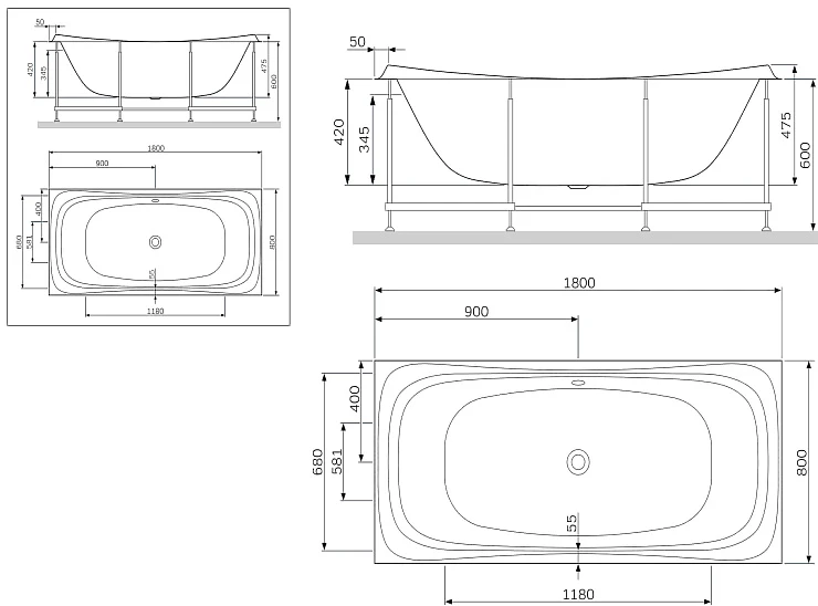 Каркас для ванны AM.PM Sensation W30A-180-080W-R серый