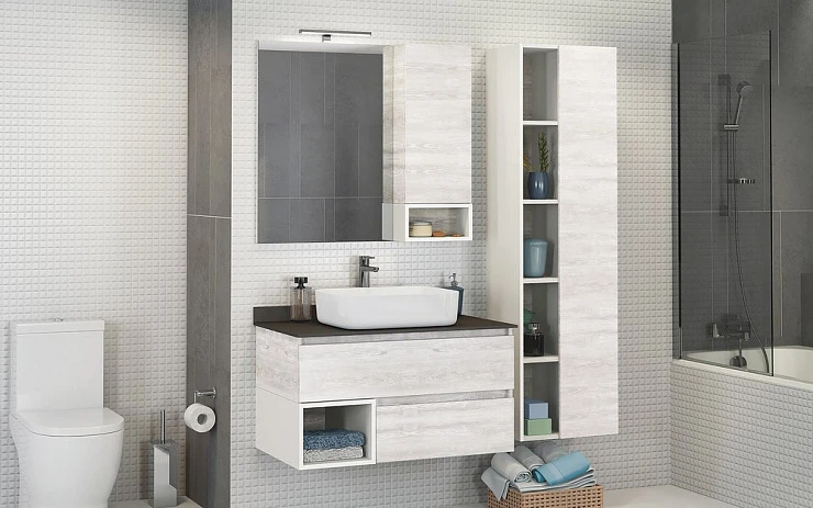 Тумба с раковиной Comforty Прага 90 00-00003827CF дуб белый, с антрацитовой столешницей