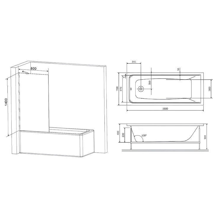 Акриловая ванна AM.PM Gem 150x70 с каркасом и шторкой W90ASET-150W90BS80CT белая матовая