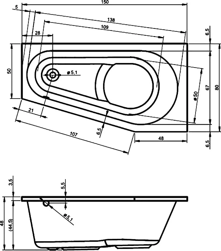 Акриловая ванна Riho Delta 150x80 B067001005 левая, белая глянцевая