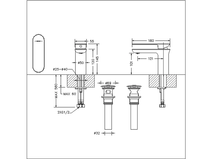 Смеситель для раковины Bravat Diamond F118102G-2-ENG золото