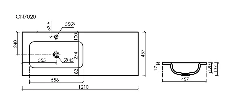 Раковина встраиваемая Ceramica Nova Grace 120 см CN7020 белая глянцевая