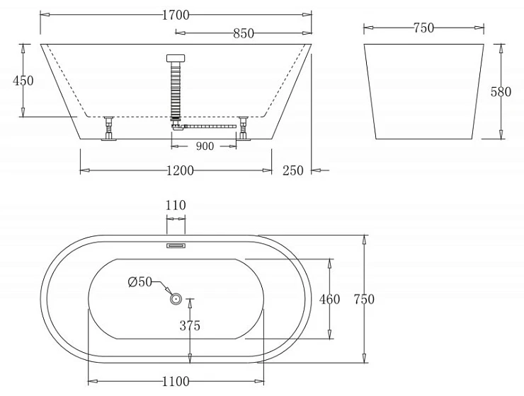 Акриловая ванна BelBagno 170х75х60 BB61-170 белая глянцевая