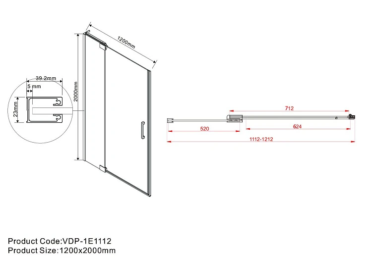 Душевая дверь в нишу Vincea Extra 110-120см VDP-1E1112CLB профиль черный, стекло прозрачное