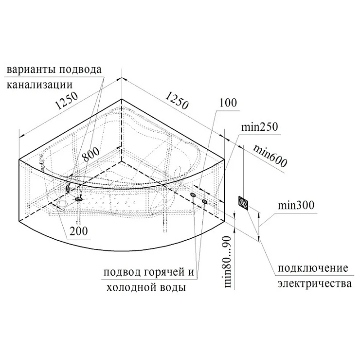 Акриловая ванна Radomir Vannesa Massage Альтея 125x125 2-75-2-0-0-219 угловая, с гидромассажем белая