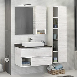 Тумба с раковиной Comforty Прага 90 00-00003828 дуб белый, с антрацитовой столешницей