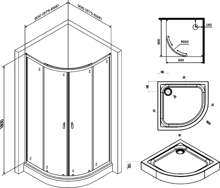 Душевой уголок AM.PM X-Joy 90x90см W88E-205-090BT64 профиль матовый черный, стекло прозрачное
