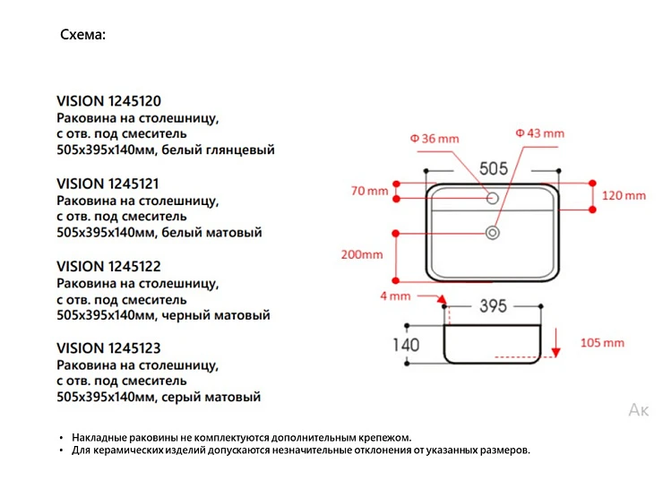 Раковина накладная Avimano Vision 1245120 белая глянцевая