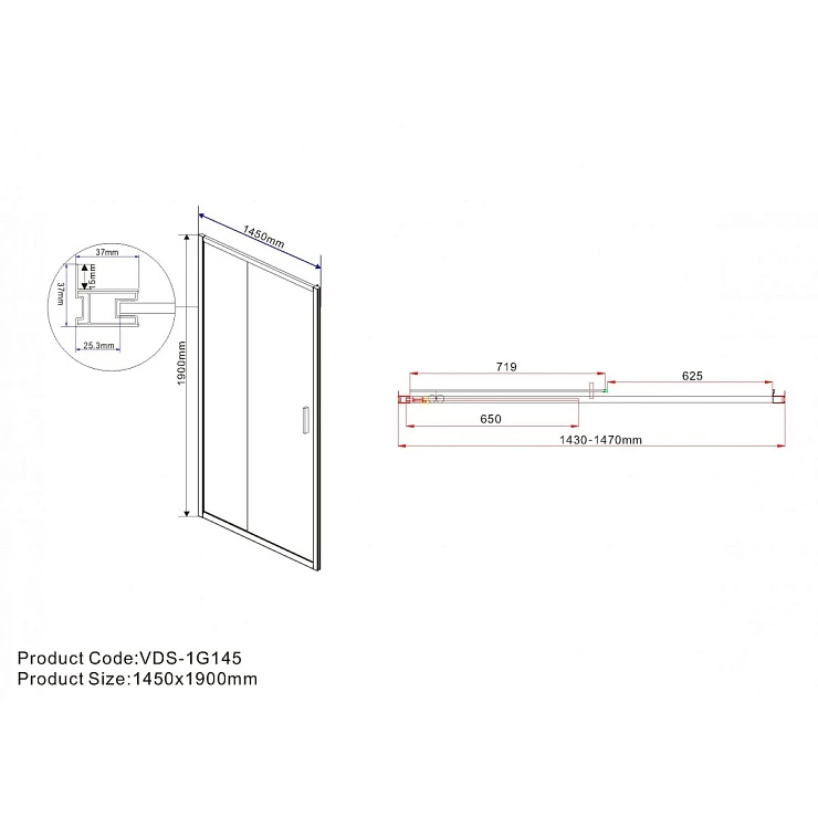 Душевая дверь в нишу Vincea Garda 145см VDS-1G145CLB профиль черный, стекло прозрачное