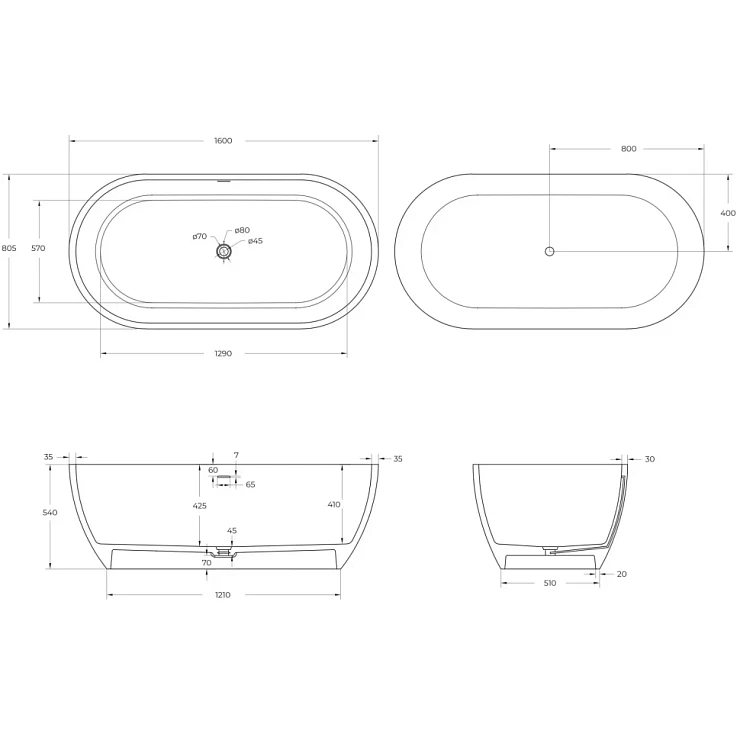 Ванна из литьевого мрамора Cezares Stylus 160x80,5см CZR-STYLUS-160-80-54-SSB белая матовая