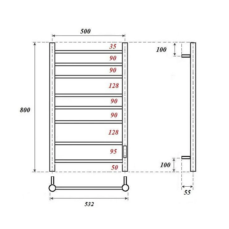 Полотенцесушитель электрический Bonna Tesej 800х500 BNP-EV9/10F-dt8050Gt графит