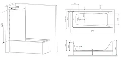 Акриловая ванна AM.PM Gem 170x70 с каркасом и шторкой W90ASET-170W90BS80CT белый, хром