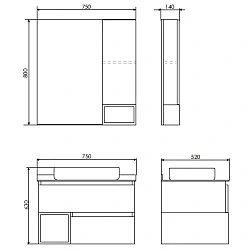 Тумба с раковиной Comforty Прага 75 00-00014832CF дуб белый, с графитовой столешницей