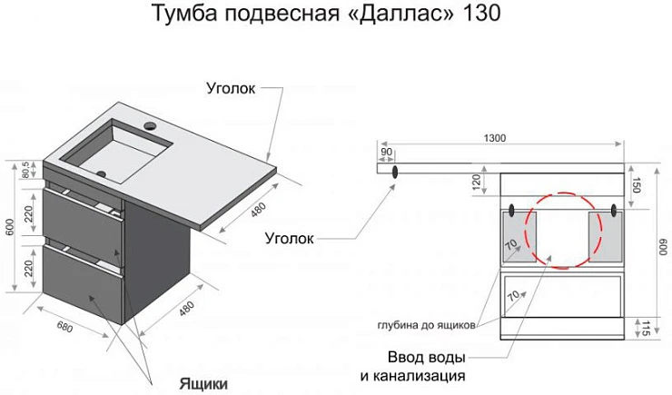 Тумба с раковиной Style Line Даллас 130 левая, белый глянец