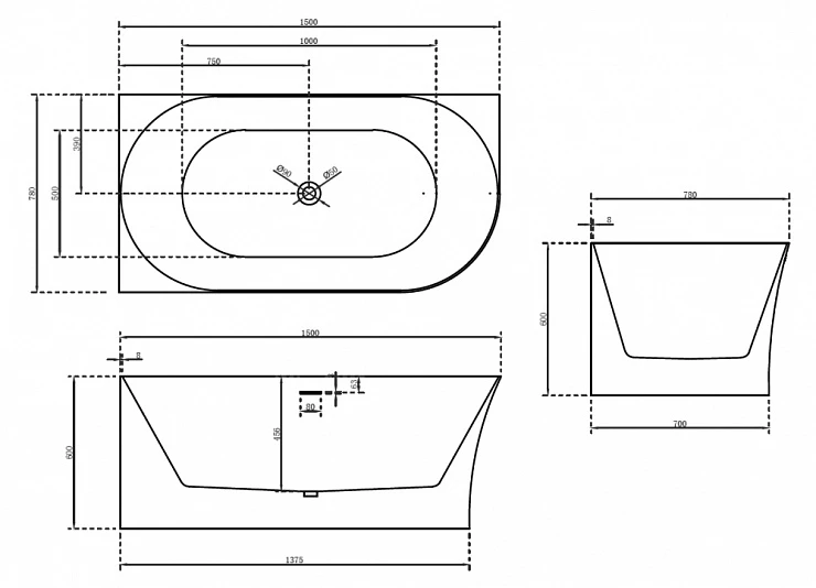 Акриловая ванна ABBER 150x78 AB9258-1.5 L белая глянцевая