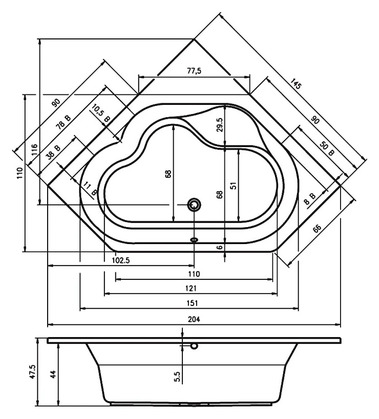 Акриловая ванна Riho Winnipeg 145x145 B010001005 белая глянцевая