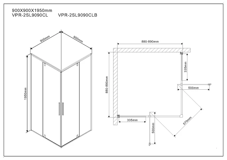 Душевой уголок Vincea Slim 90х90см VPR-2SL9090CLB профиль черный матовый, стекло прозрачное