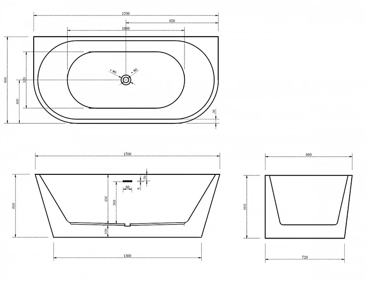 Акриловая ванна ABBER 170x80 AB9216-1.7 белая глянцевая