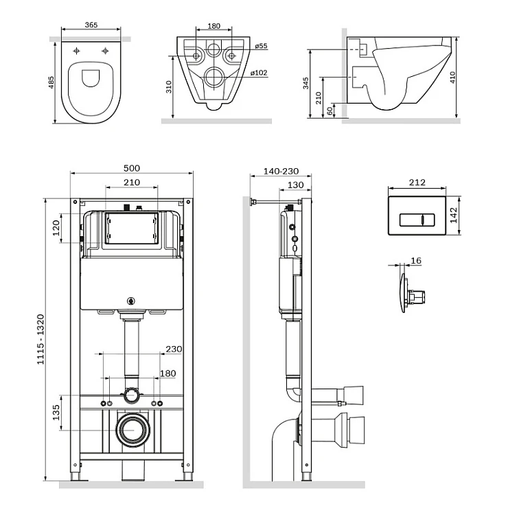 Инсталляция с унитазом и клавишей AM.PM Spirit 2.0 IS48001.701700 белый, синий