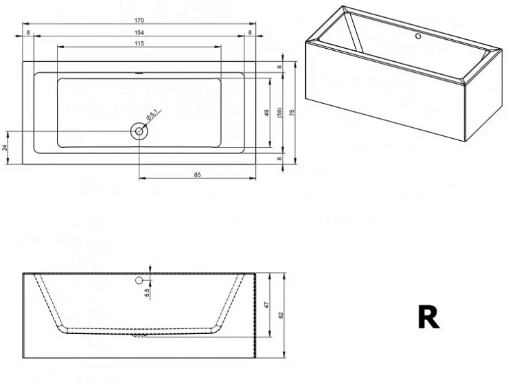 Акриловая ванна Riho Lugo 170x75 Plug & Play B132015005 правая, белая глянцевая