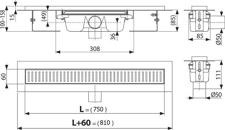 Душевой лоток AlcaPlast APZ1 750 с опорами, хром