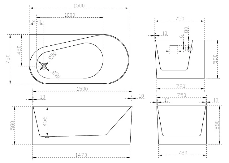 Акриловая ванна ABBER 150x75 AB9496-1.5 L  белая глянцевая