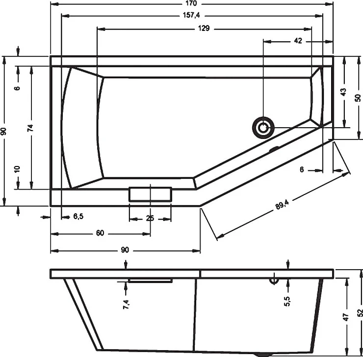 Акриловая ванна Riho Geta 170x90 B031001005 правая, белая глянцевая