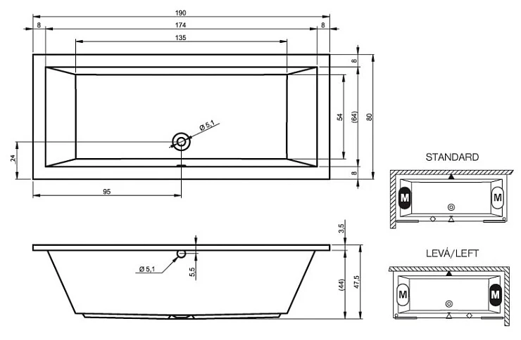 Акриловая ванна Riho Lusso 190x80 B015001005 без опоры, белая глянцевая