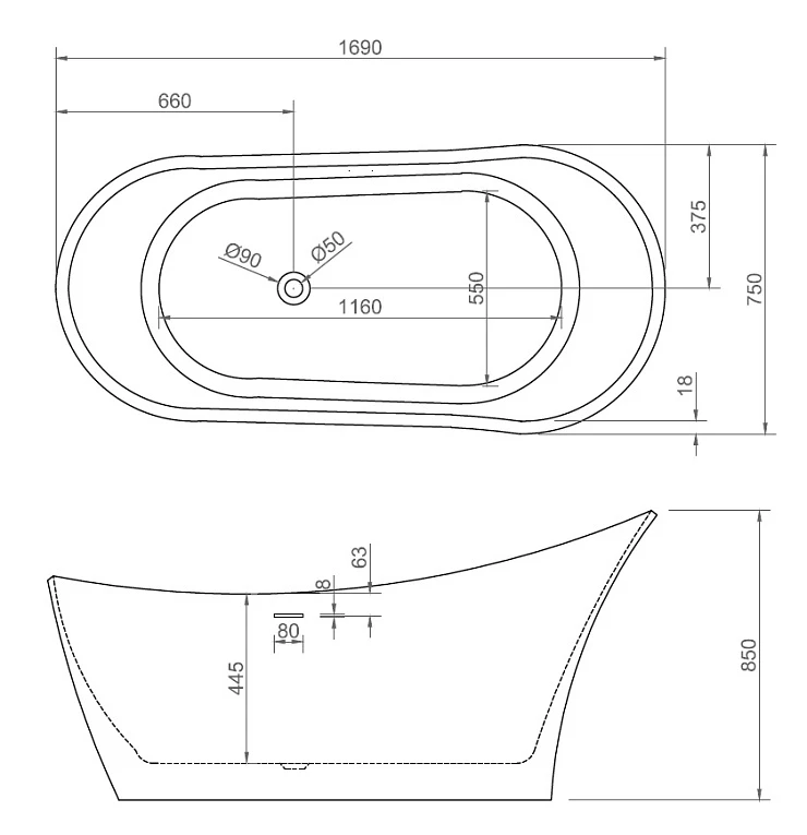 Акриловая ванна ABBER 169x75 AB9245 белая глянцевая