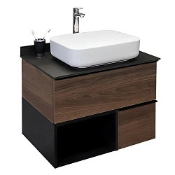 Тумба с раковиной Comforty Штутгарт 75 00-00001884CF дуб темно-коричневый, с черной столешницей