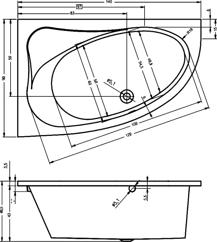 Акриловая ванна Riho Lyra 140x90 B019001005 правая, белая глянцевая