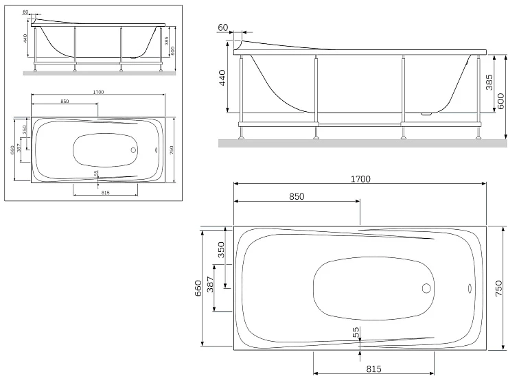 Каркас для ванны AM.PM Sensation W30A-170-075W-R серый