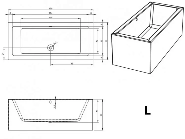 Акриловая ванна Riho Lugo 170x75 Plug & Play B132016005 левая, белая глянцевая
