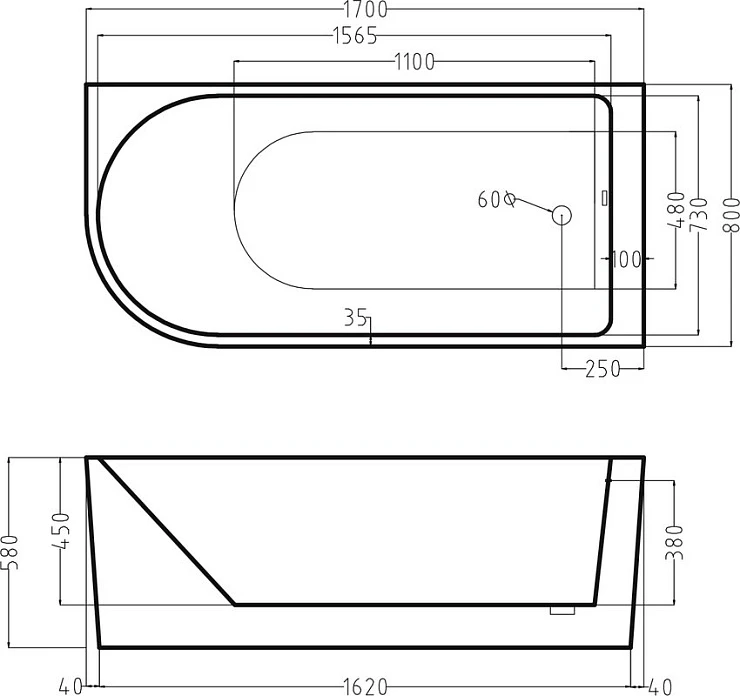 Акриловая ванна ESBANO Afina 170x80 левосторонняя ESVAAFINL белая глянцевая
