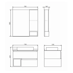 Тумба с раковиной Comforty Прага 75 00-00004198CF дуб белый, с антрацитовой столешницей