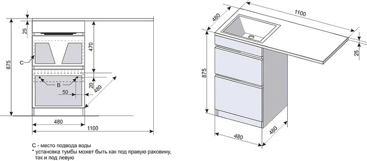 Тумба с раковиной Style Line Даллас 110 напольная, левая, эмаль, белый глянец