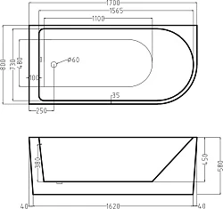 Акриловая ванна ESBANO Afina 170x80 правосторонняя ESVAAFINR белая глянцевая