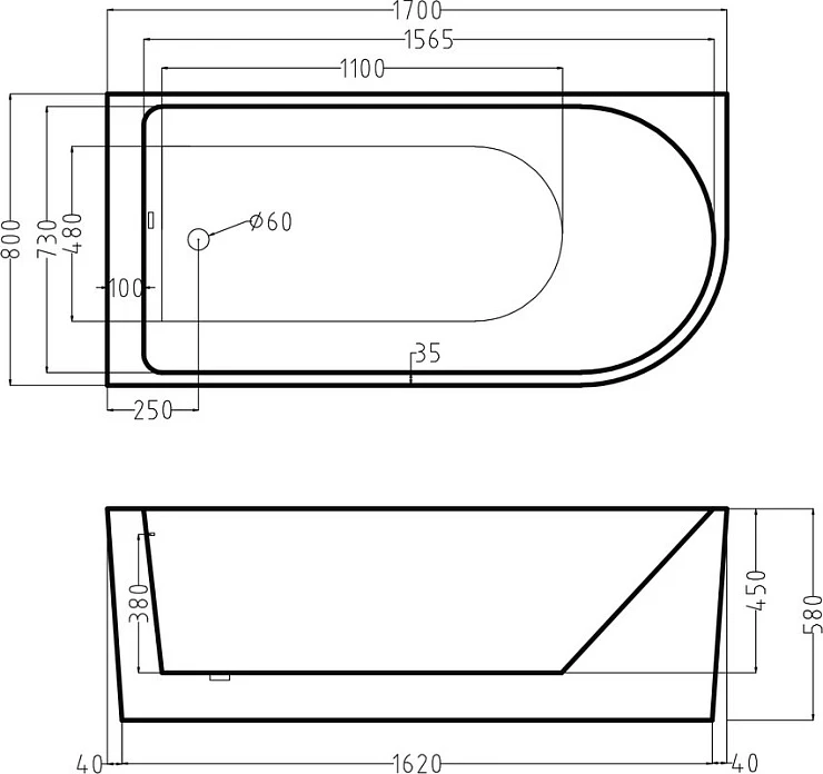 Акриловая ванна ESBANO Afina 170x80 правосторонняя ESVAAFINR белая глянцевая