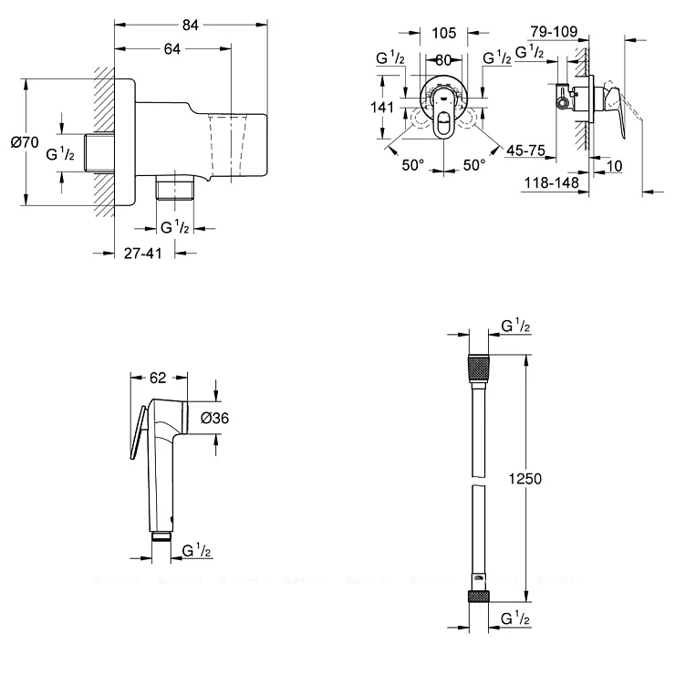 Гигиенический душ Grohe BauLoop 124896 со смесителем, хром