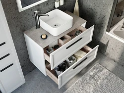 Мебель для ванной STWORKI Эстерсунд 90 белая матовая, простоун беж с отверстием под смеситель