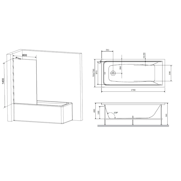 Акриловая ванна AM.PM Gem 170x70 с каркасом и шторкой W90ASET-170W90BS80CT белый, хром