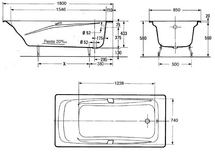 Чугунная ванна Jacob Delafon Repos 180х85см E2904-00 белая глянцевая (с ножками и сливом-переливом)